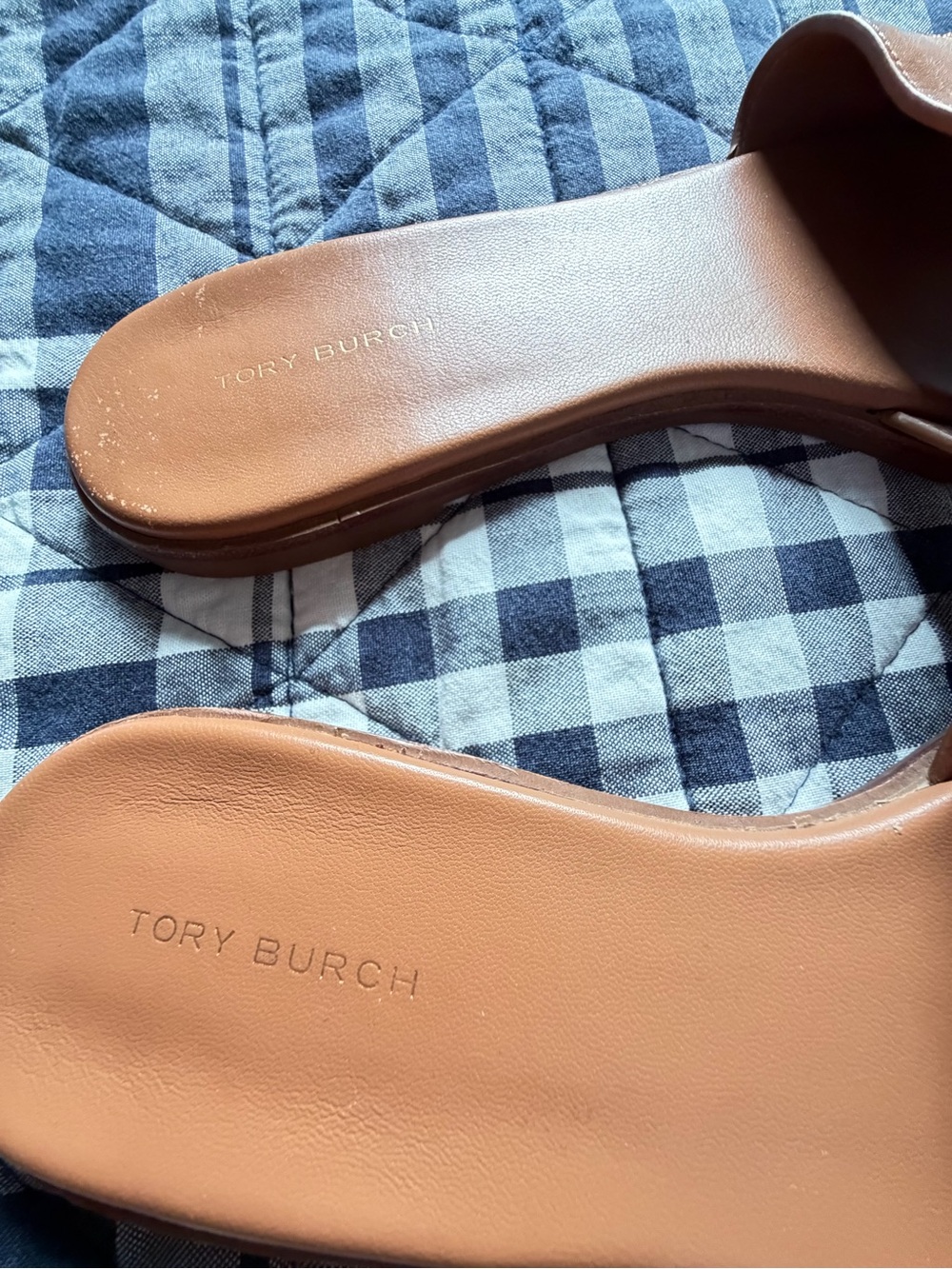 Tory Burch Cognac Leather Slide Sandals with Gold Logo Emblem - Picture 3 of 4